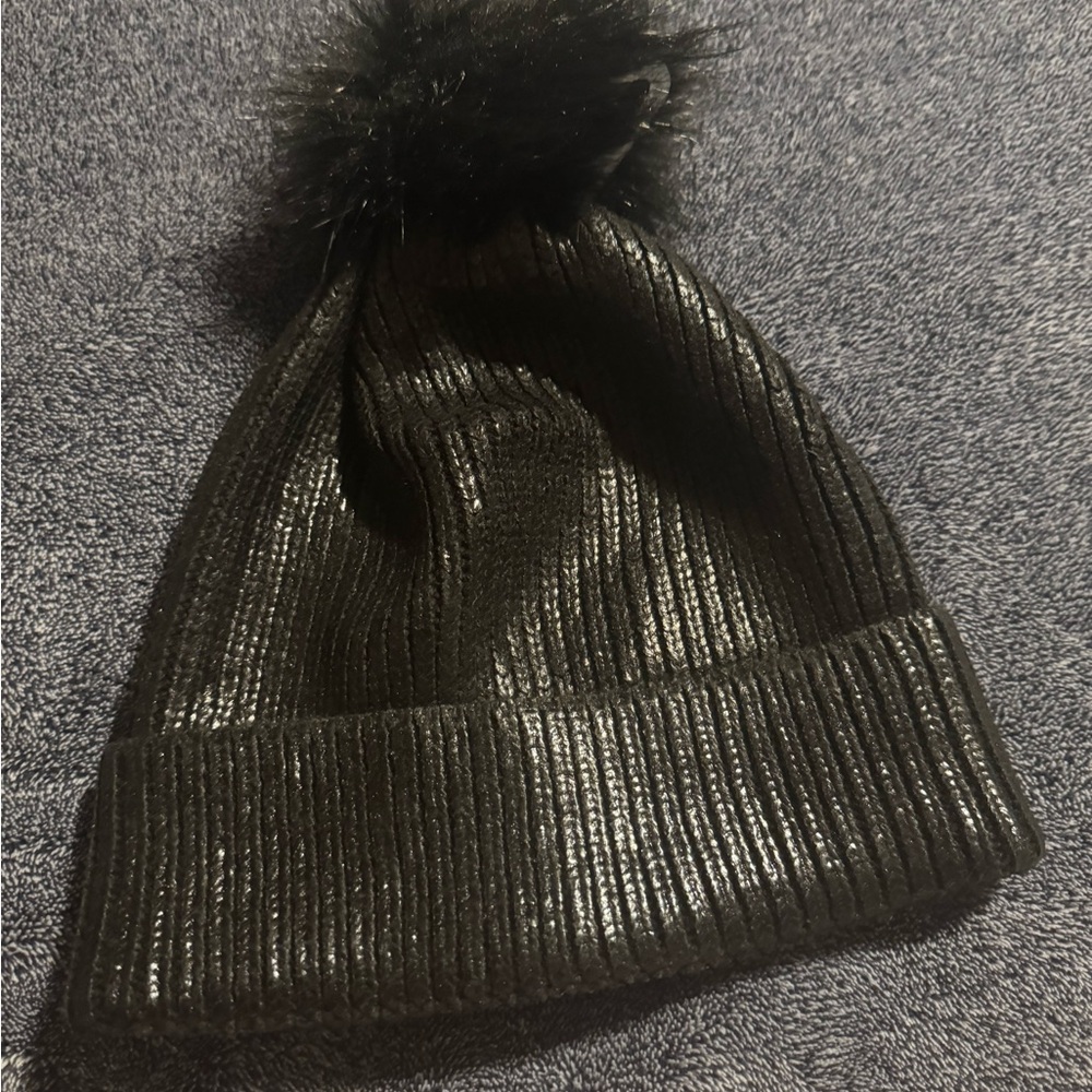 Aerie Shiny Black Beanie with Faux Fur Pom-Pom